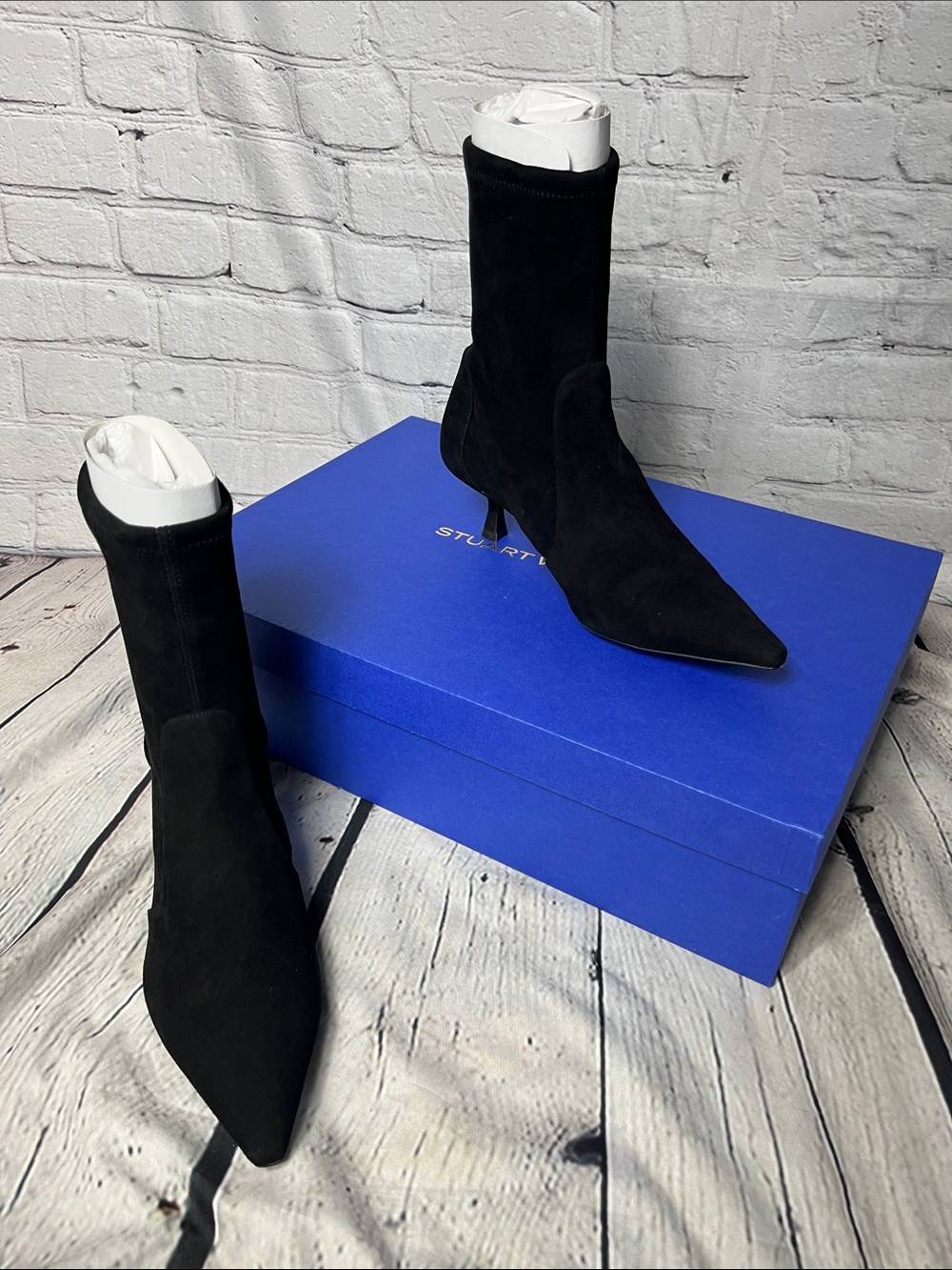 Stuart Weitzman Black Suede Pointed Kitten-Heel Sock Boots